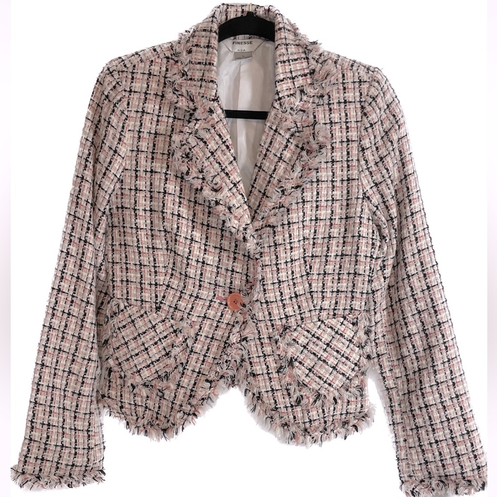 Tweed Lined Blazer Pink, Black & White with Fringe Hem Sz Large
